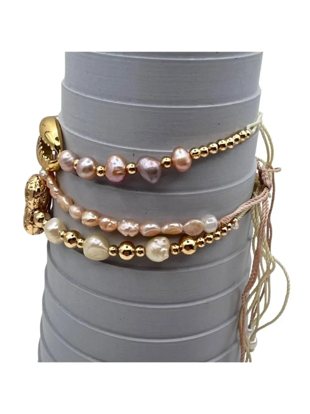 Set 3 Adjustable Bracelets Freshwater Pearls Gold Tone Pastel Pink Cowrie Heart - Picture 7 of 14